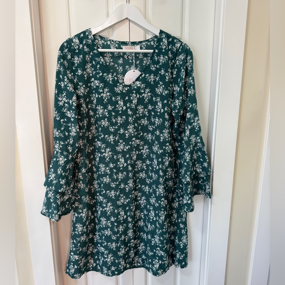 🌿 Miracle Fashion Green Floral Ruffle Sleeve Dress | 10